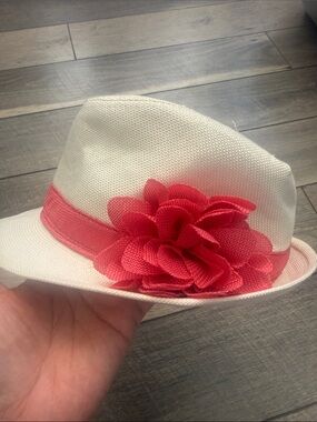 Girls Cream Fedora Hat with Pink Flower Accent